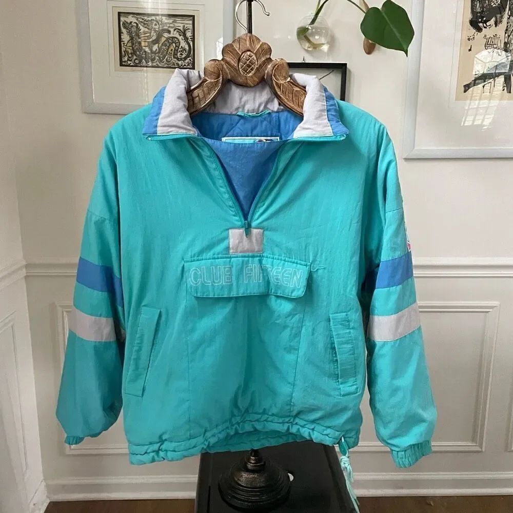 Vintage 90s C&A Club Fifteen Teal Blue Grey Puffy Half Zip Pullover XL